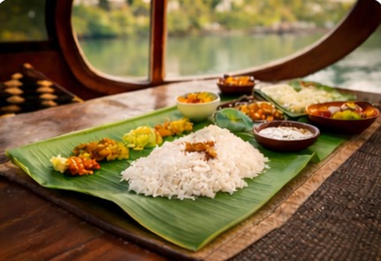 Traditional Kerala lunch on houseboat cruise — authentic Kerala cuisine