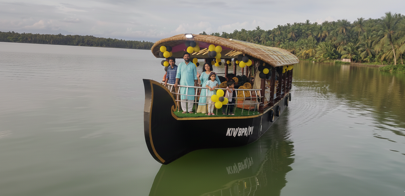 Passengers enjoying a Shikara ride — family houseboat cruise in Kozhikode